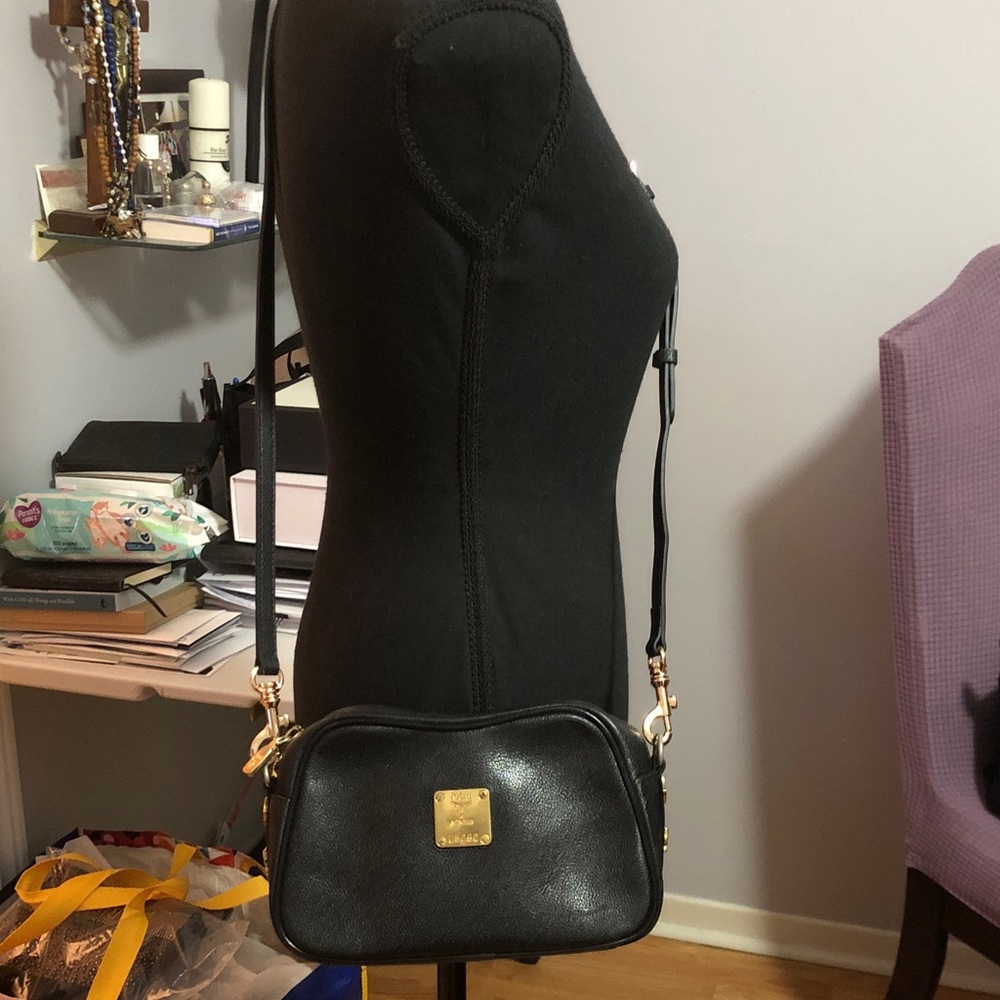 Authentic Vintage MCM Black Leather Crossbody Bag with Gold Plate